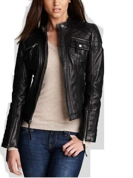 Women's black fitted detailed leather jacket ST0324 — standardized studio hero