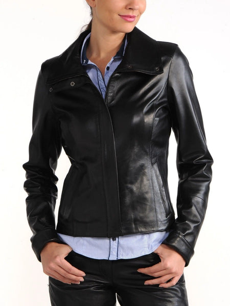 Noora Women's Black fitted Motorcycle leather jacket ST0333 — standardized studio hero