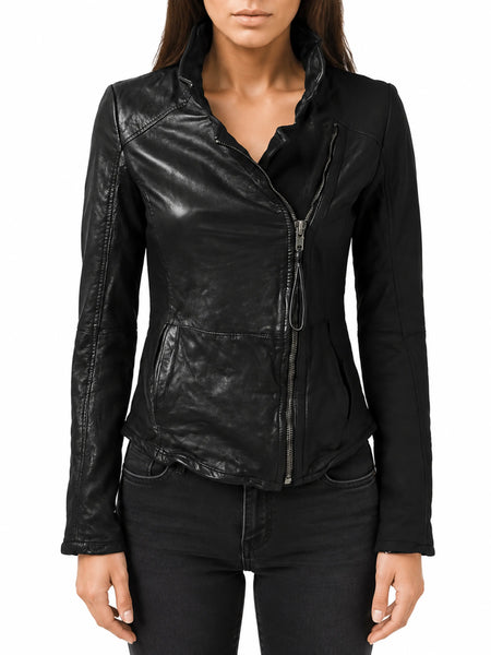 Noora Women's Black High Neck and Fitted leather jacket ST0329 — standardized studio hero