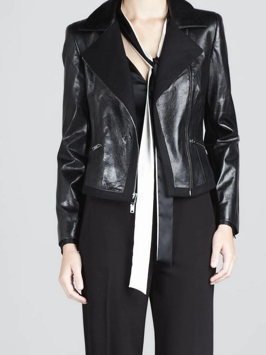 Women's Black Sheepskin Leather Blazer with Notch Lapel Collar