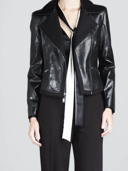 Noora Women's Black Sheepskin Leather Blazer with Notch Lapel Collar ST0232 — standardized studio hero