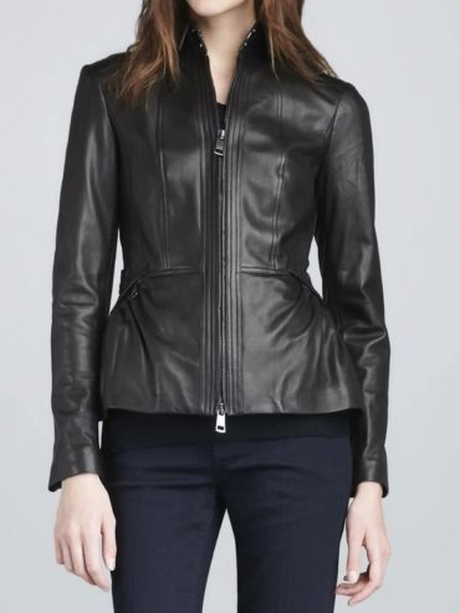 Womens Lambskin Black Leather Motorcycle Jacket With Zipper, Stand Up Collar, Zip On Sleeves