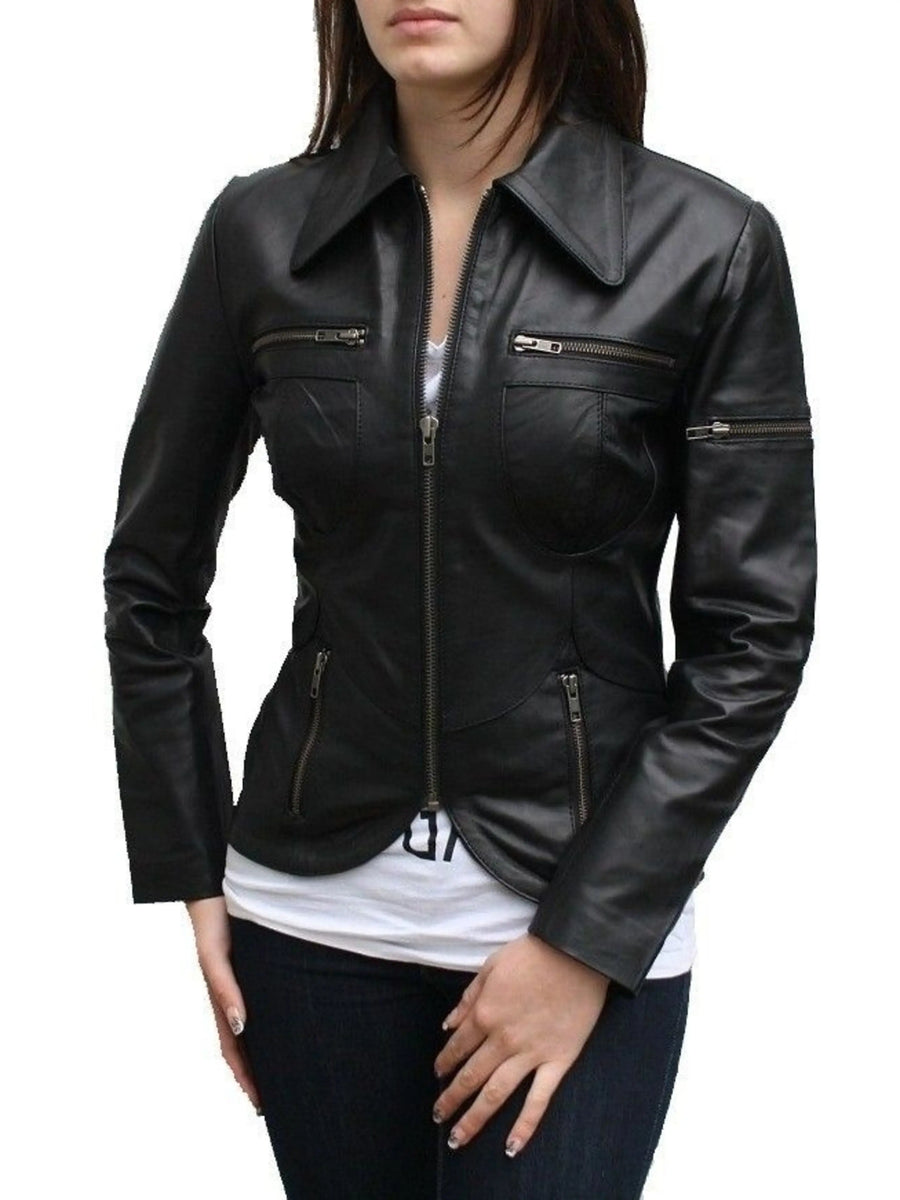 Womens Lambskin Black Leather Biker Jacket With Zipper & Pocket, Zip On Sleeves, Collared Jacket