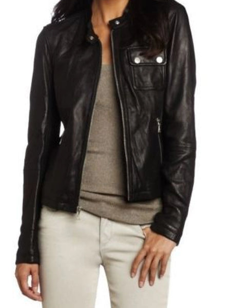 Noora Women’s Real Sheepskin Leather Jacket with front pockets Black ST0228 — standardized studio hero
