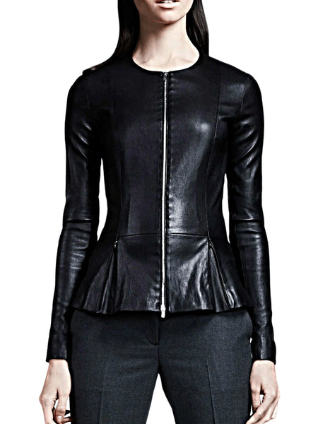 Noora Women's Black leather Peplum Jacket ST0319 — standardized studio hero