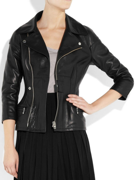 Noora Women's Black Notched collar cinched black Biker Leather jacket ST0233 — standardized studio hero