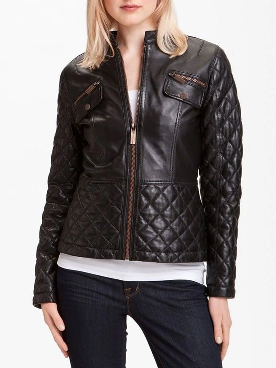 Women's Black Quilted leather jacket with Brown detailing