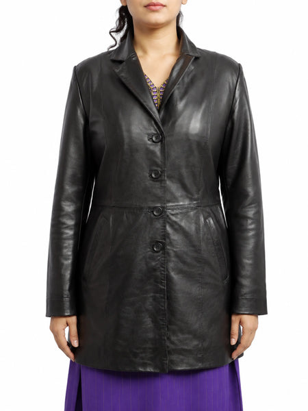 Womens Black Real Leather Thigh Length Midi Coat Ladies Short Leather Trench - standardized hero