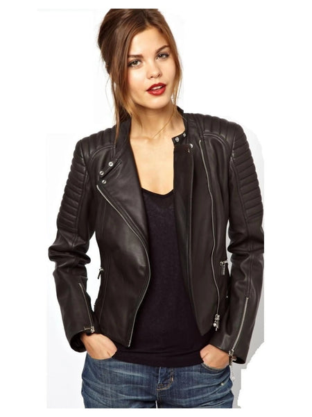 Women's Brown-Black Biker leather jacket ST0264 — standardized 2880×3840 hero