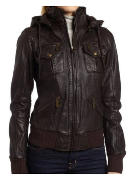 women's brown-hooded leather jacket ST042 — standardized 2880×3840 hero