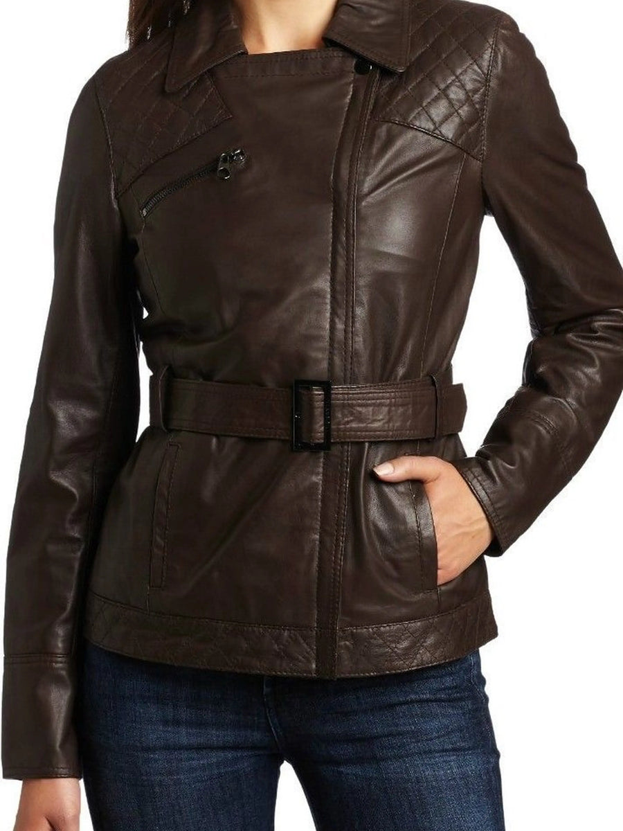 Women's Brown Biker Leather Jacket with Belt