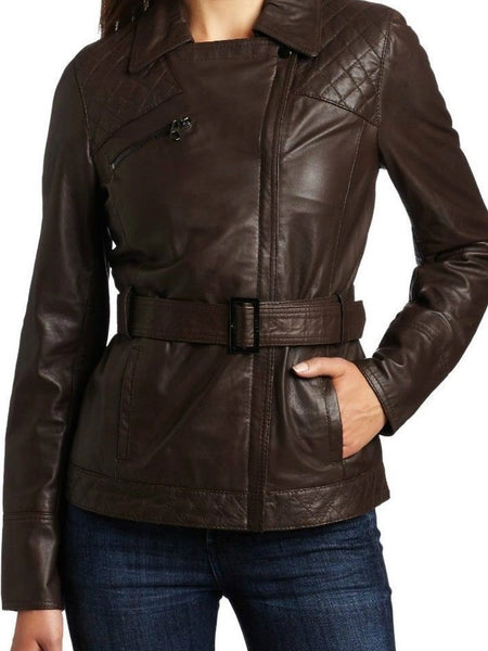 Noora Women's Brown Biker Leather Jacket with Belt ST0269 — standardized studio hero
