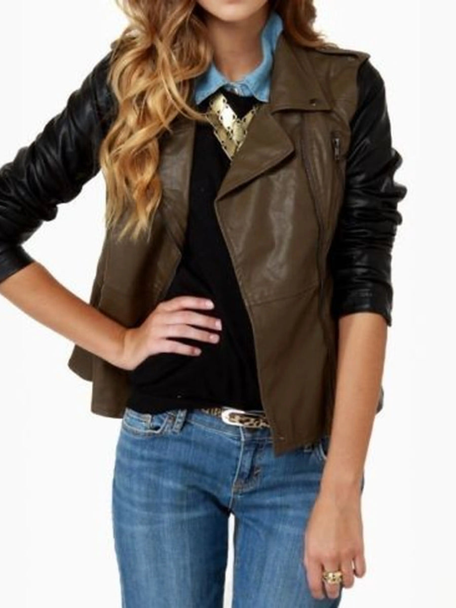 Women's Brown Lambskin Leather Jacket with Black Sleeves
