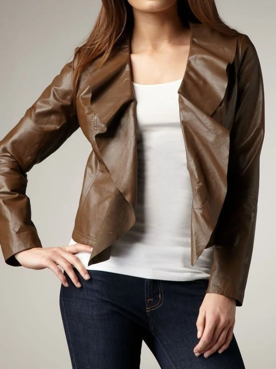 Women's Brown leather jacket with Stylish Collar, No closure Jacket, Front Flare, Designer Party