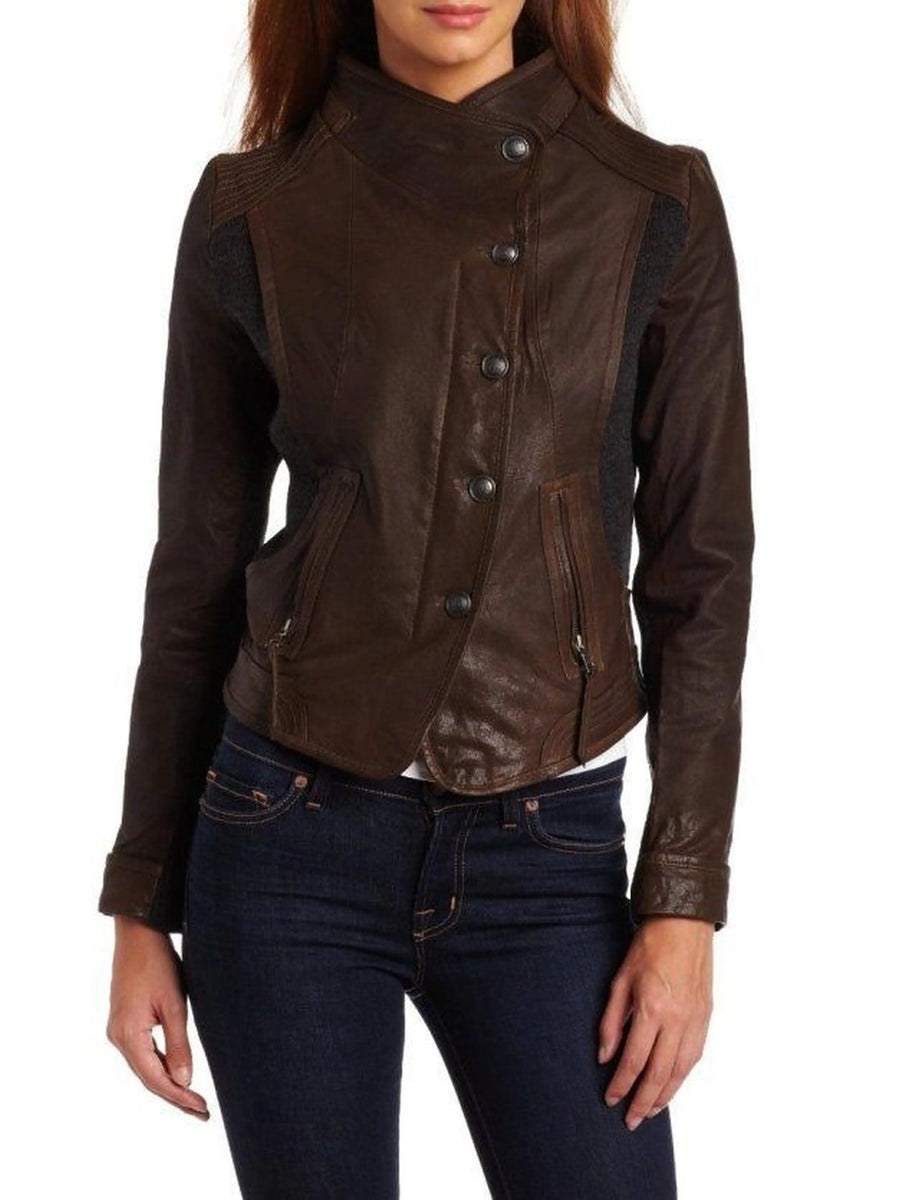 Women's brown leather jacket with embellishment