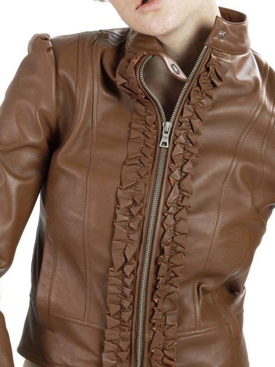 Women's Brown Lambskin Leather Jacket with Ruffles, Stylish Club wear Crop Top Leather Jacket