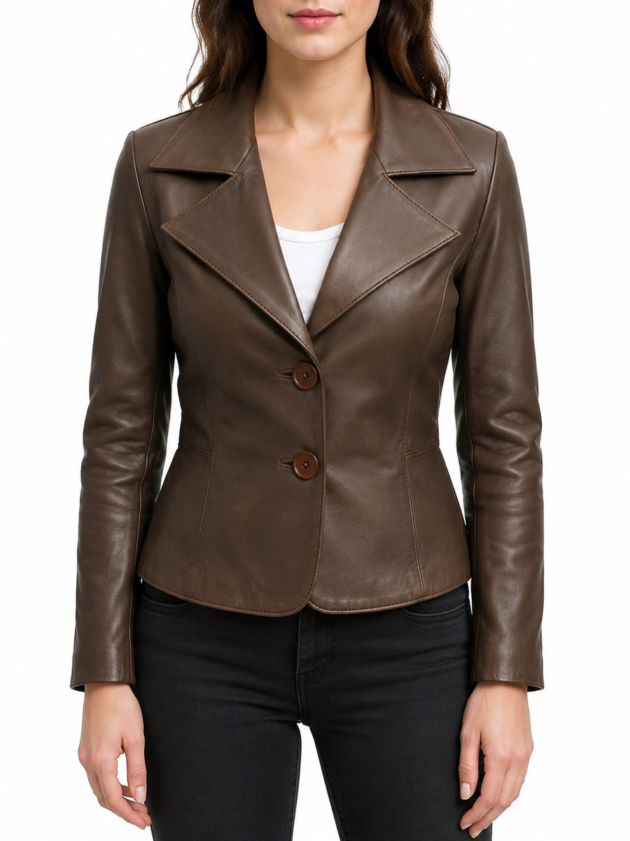Women's Brown Notched Collar blazer leather jacket