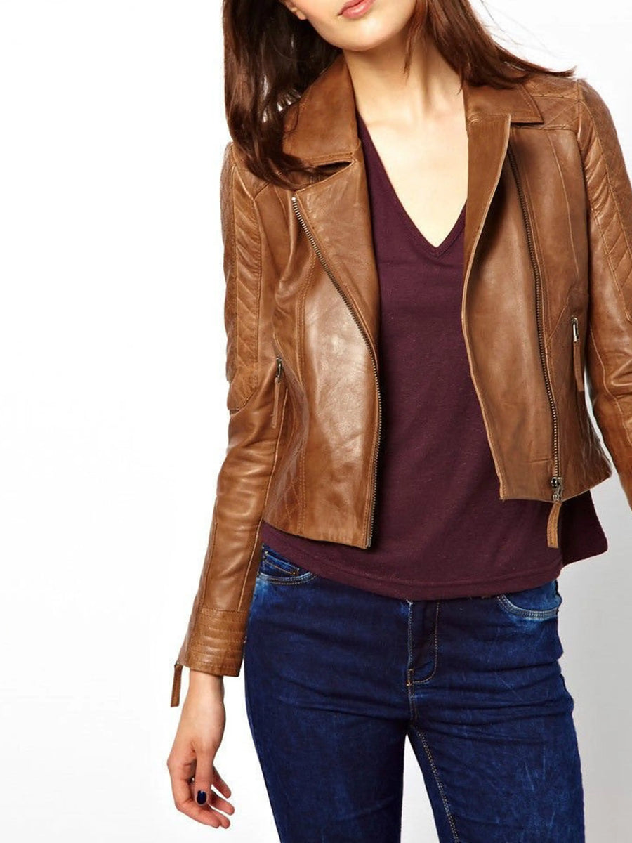 Women's Stylish & Trendy Look Tan Color Lambskin Leather Biker Jacket With One Sided Zipper