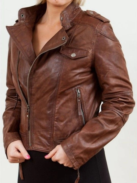 Noora Women’s Lambskin Leather Jacket Brown | Stylish Motorcycle Slim fit Biker Leather Jacket | Gift for her ST0273 — standardized studio hero