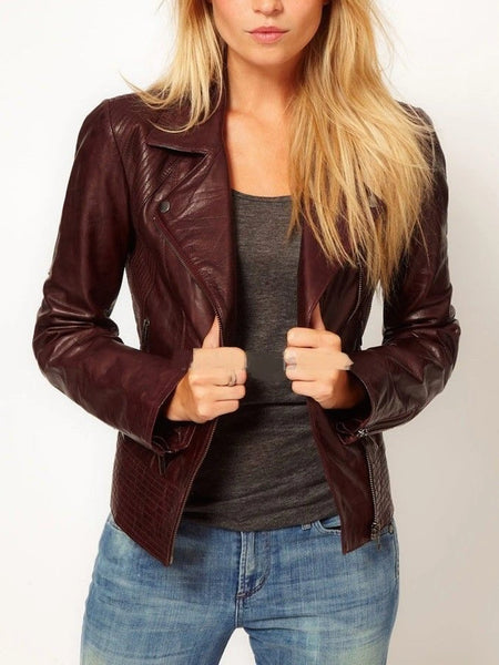 Noora New Women's Stylish Lambskin Leather Burgundy Color Jacket, Motorcycle Biker Leather Jacket, Casual Wear, Party Wear Jacket Long Slevees Jacket UN001 — standardized leather jacket hero