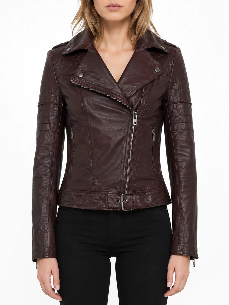 Women's burgundy Biker Leather Jackets