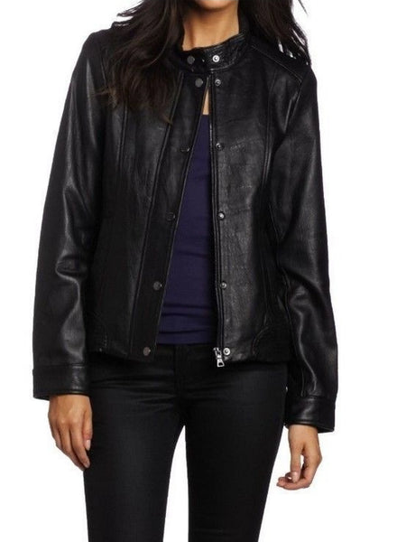 Noora Women's Button up and Collared black leather jacket ST0286 — standardized studio hero