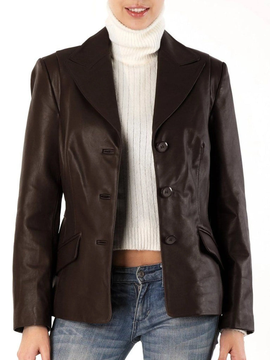 Women's chocolate brown Leather fitted blazer