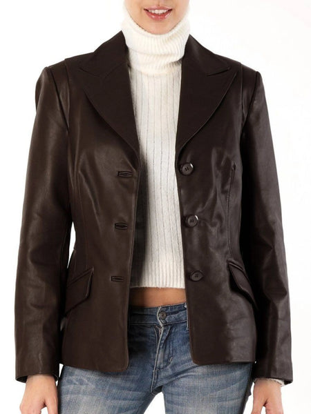 Noora women's chocolate brown Leather fitted blazer ST0259 — standardized studio hero