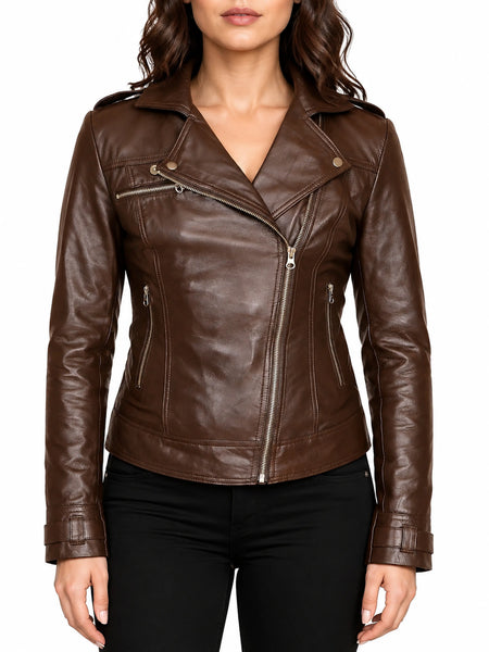 Noora Women's Lambskin Leather Jacket Chocolate Brown | Stylish Zip Up Rider Style Moto Biker Leather Jacket | Gift for her ST0270 — standardized studio hero