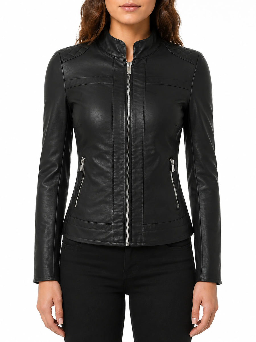Women's Classic fitted Black motorcycle leather jacket