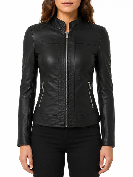 Noora Women's Classic fitted Black motorcycle leather jacket ST0309 — standardized studio hero