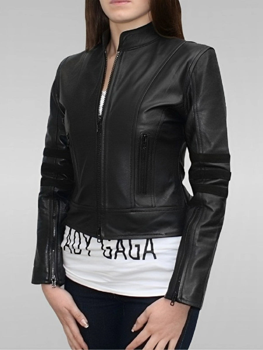 Women's collared black Motorcycle leather jacket with zip pockets