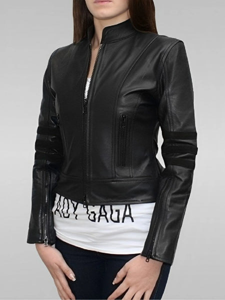 Noora Women's collared black Motorcycle leather jacket with zip pockets ST0240 — standardized studio hero