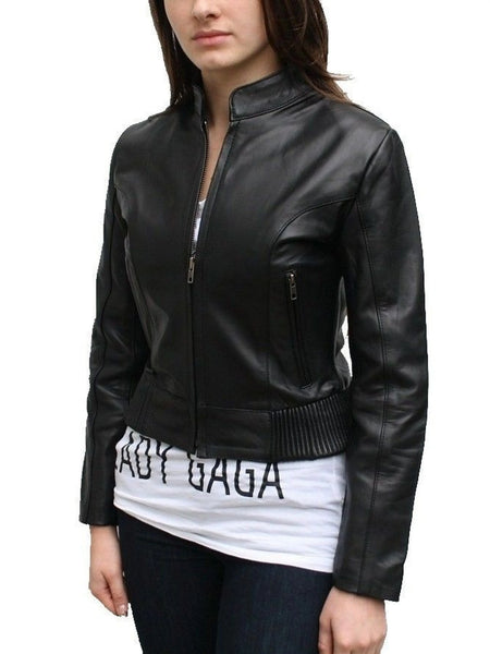 Noora womens cropped and fitted black leather jacket ST0205 — standardized studio hero