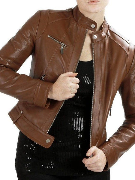 Noora women's cropped brown biker Motorcycle Leather jacket ST0253 — standardized studio hero
