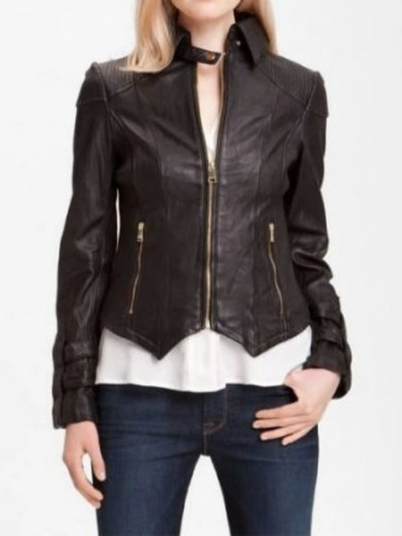 Women's Black Fitted Leather Jacket ST0261 — standardized studio hero