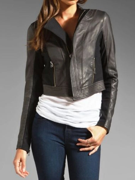 Noora Women's dark grey cropped leather jacket ST0255 — standardized studio hero
