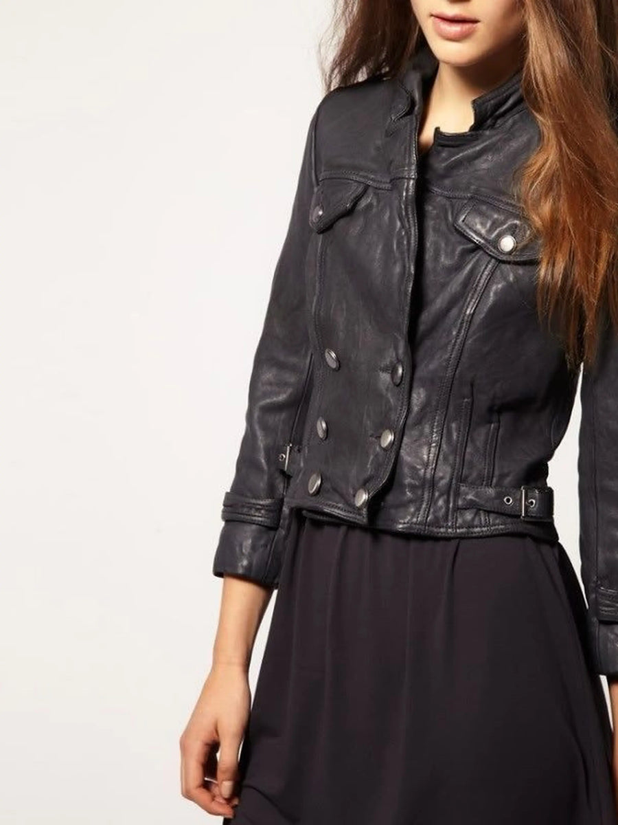 Women's Dark grey leather jacket with front pockets