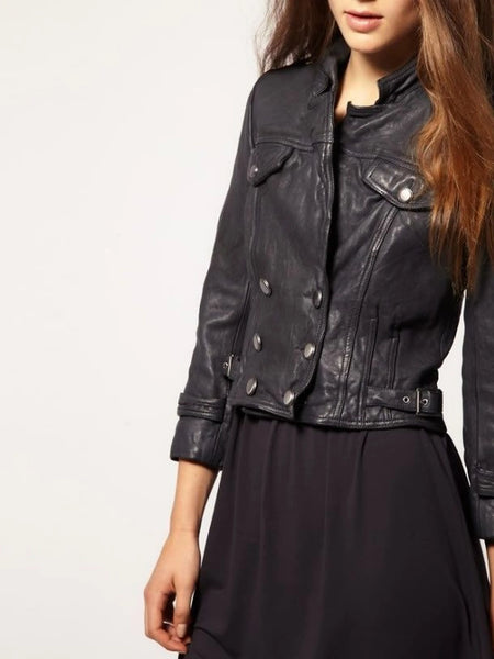 Noora Women's Dark grey leather jacket with front pockets ST0241 — standardized studio hero