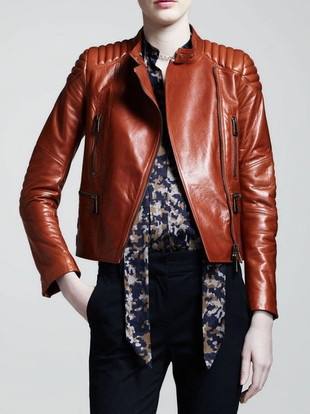 Noora Women's Detailed Burnt Orange Quilted Biker leather jacket ST0307 — standardized studio hero