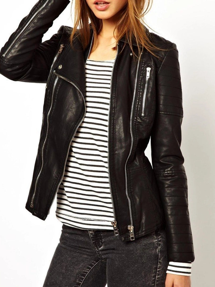 Women's Doubles zipper black leather jacket, Biker Style Leather Jacket