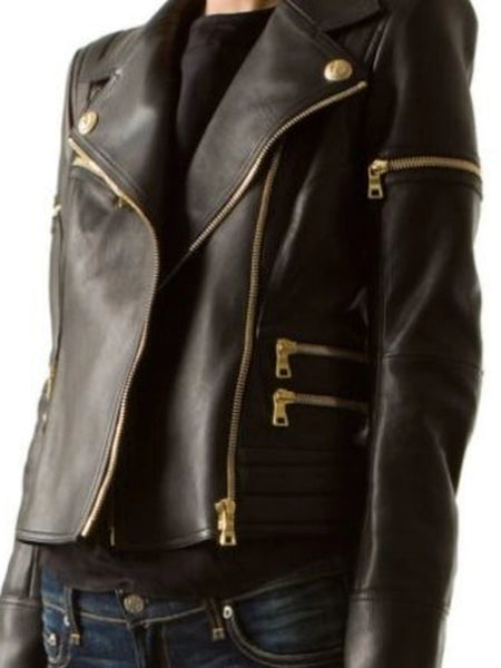 Noora Women's Black Motorcycle Leather Jacket ST0201 — standardized studio hero