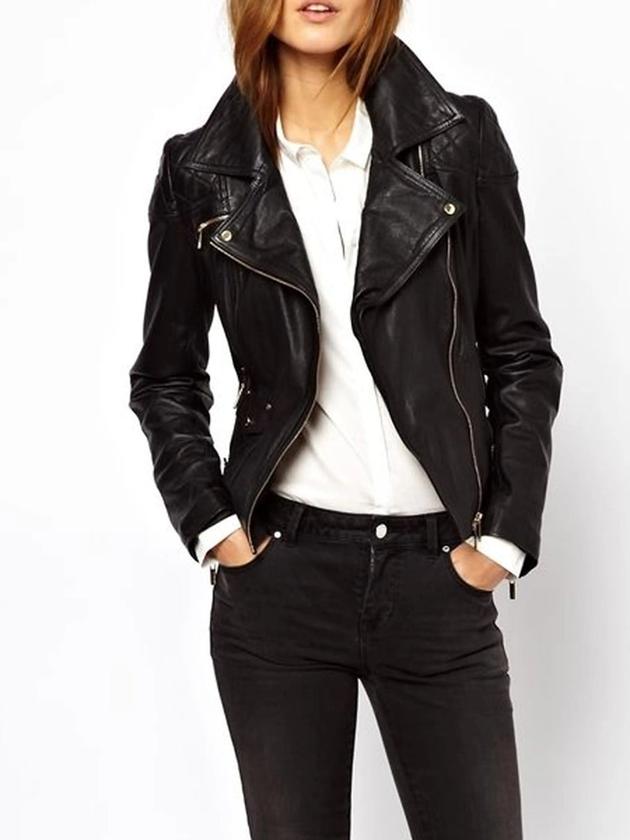 Women's fitted black motorcycle leather jacket