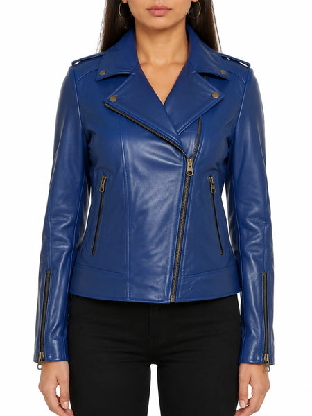 Womens Genuine Lambskin Leather Jacket Antique Blue Moto Biker Birthday Gift - standardized hero