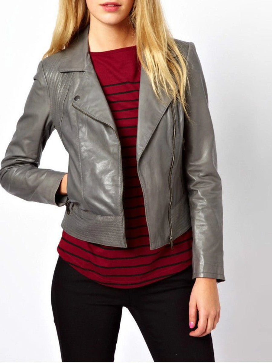 Women's Grey leather Biker Style Leather jacket