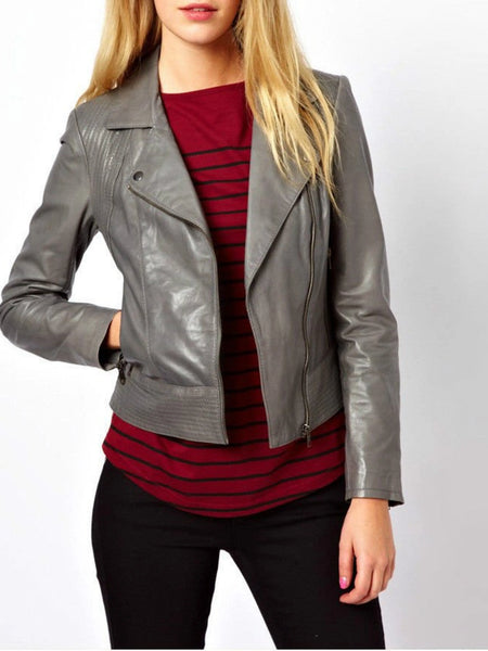 Noora Women's Grey leather Biker Style Leather jacket ST0316 — standardized studio hero