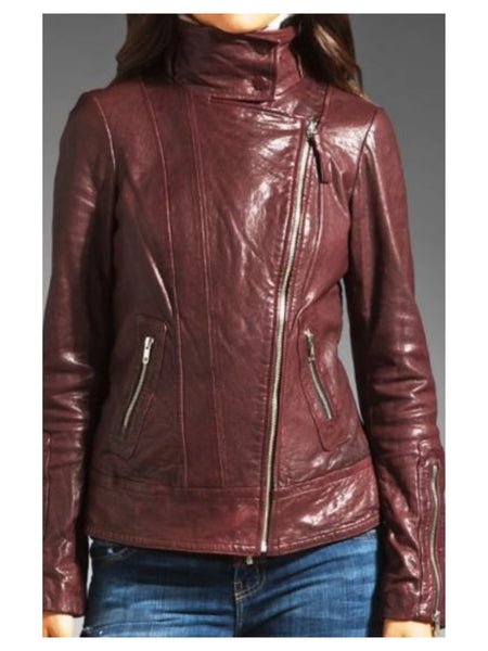 Women's High Neck Maroon leather jacket ST0330 — standardized 2880×3840 hero