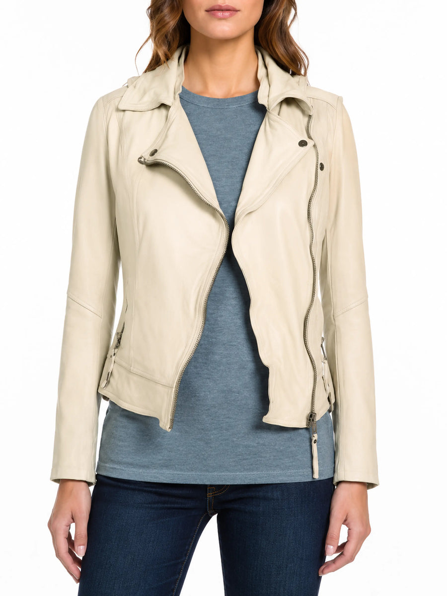 Women's Real Lambskin Ivory Leather Jacket, Stylish Biker Leather Jacket