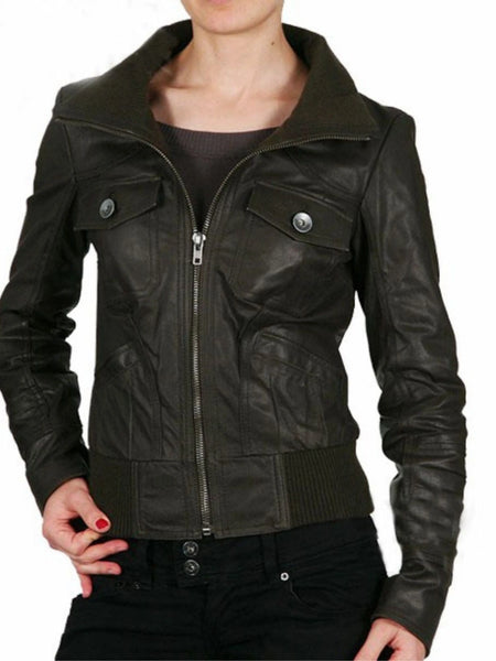 Women's Black Leather Jacket ST0336 — standardized studio hero