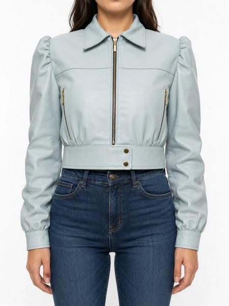 Womens Lambskin Powder Blue CROPPED Leather Jacket | PUFF Sleeves - standardized hero